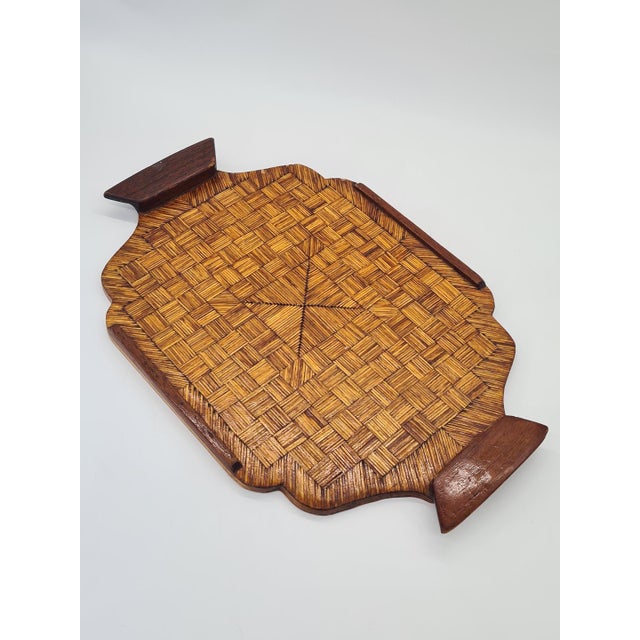 Wood Mid-20th Century Wooden Tray with Geometric Inlay and Handles, 1950s For Sale - Image 7 of 9