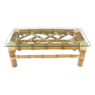 Thick Bamboo 22x46" Rectangle Glass Top Coffee Table Mid Century Modern MINT For Sale