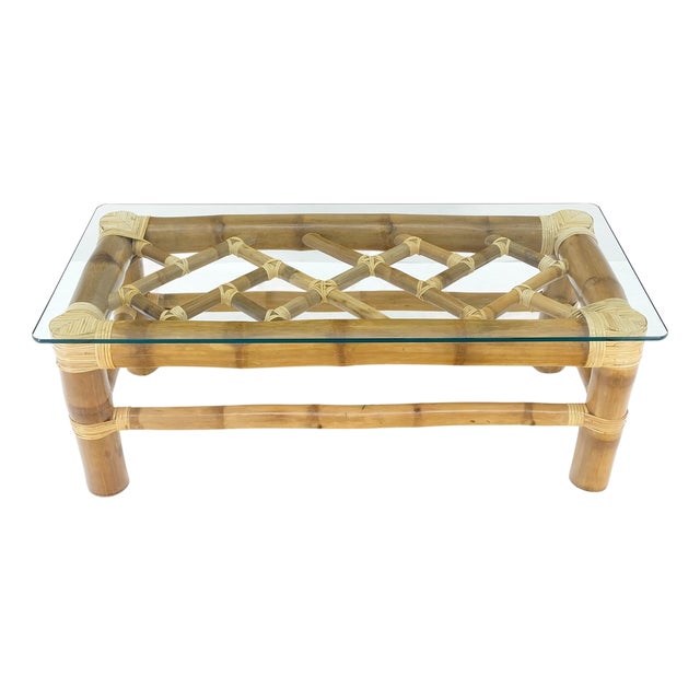 Thick Bamboo 22x46" Rectangle Glass Top Coffee Table Mid Century Modern MINT For Sale