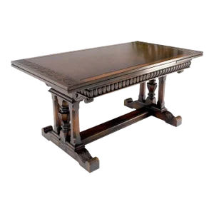 Carved Oak Jacobean Style Refectory Trestle Base Dining Farm Table
