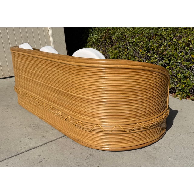 1980s 1980s Vintage Curved Pencil Reed Rattan Sofa, With New Sunbrella Upholstery For Sale - Image 5 of 14