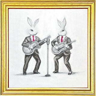 Whimsical Original Oil Painting of Two Bunnies Playing the Guitar by Max and Alma For Sale