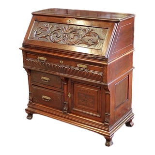 1920s Antique Rj Horner Attrb Mahogany Carved Slant Front Desk For Sale