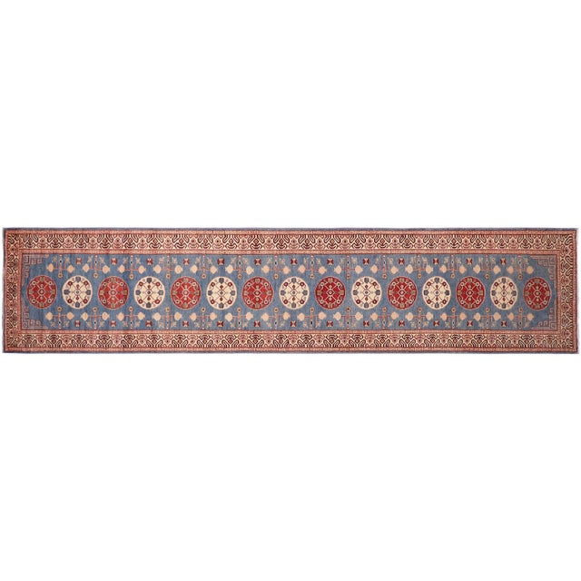 Blue Rustic Kazak Light Blue/Beige Wool Runner Rug- 2'11''x13'6'' For Sale - Image 8 of 10