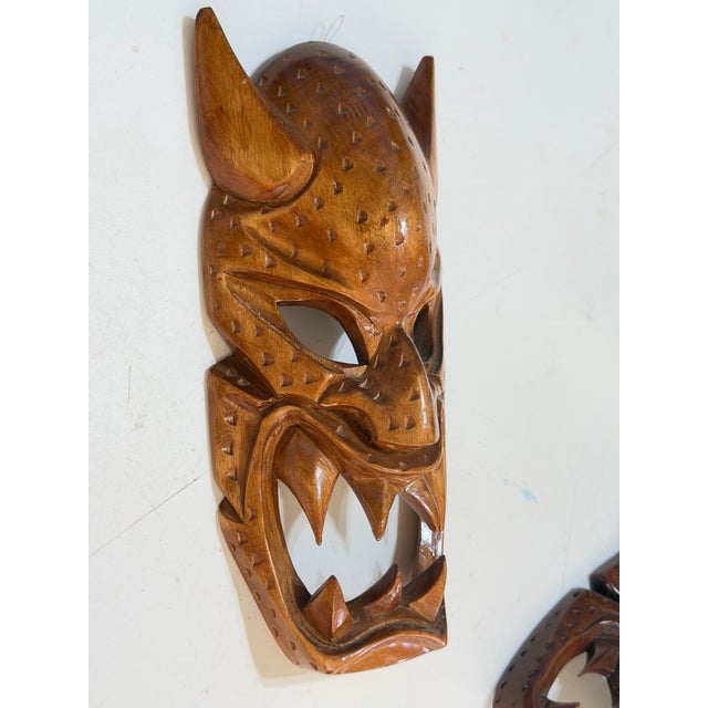 Pair of Vintage Philippine Hand-Carved Monkey Pod Wood Dragon & Demon Wall Masks For Sale - Image 4 of 12