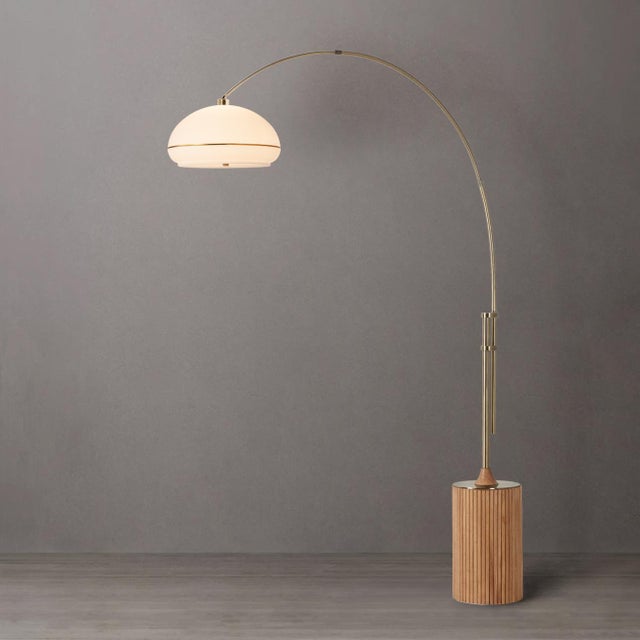 Mid-Century Modern 1980s Mid-Century Modern 92" Nova of California Morelli Adjustable Brass Floor Lamps - Arc Lamp Natural Ash Base Lucite Shade Dimmable Led Bulb For Sale - Image 3 of 4