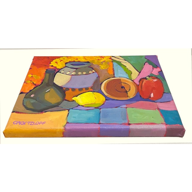 Contemporary Radiant Tabletop: Bright Harmonies of Objects and Patterns, Original Oil Painting, Contemporary, Signedrt, Signed For Sale - Image 3 of 6