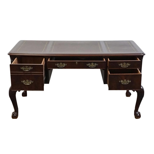 Late 20th Century Hekman Furniture Solid Mahogany Traditional Chippendale Style 58" Writing Desk W. Tooled Leather Top For Sale - Image 5 of 12