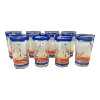 Vintage Set of 8 Drinking Glasses Nautical Scene of Sail Boats For Sale