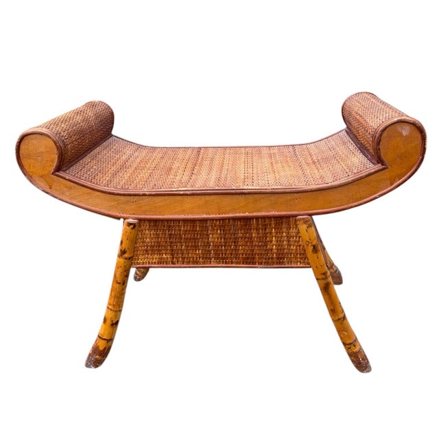 Brown Vintage Tortoise Bamboo and Rattan Weave Scrolling Curved Bench For Sale - Image 8 of 8