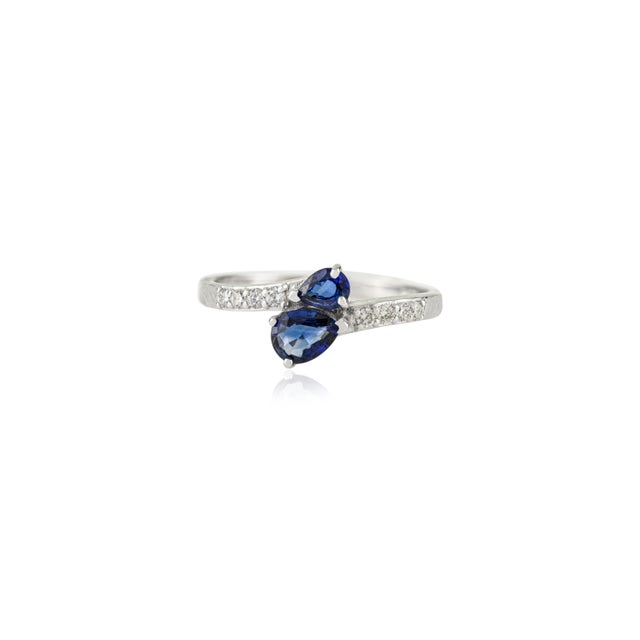 English Two Stone Pear Cut Sapphire & Diamond Bypass Ring in 14k Solid Gold Size 6 For Sale - Image 3 of 16