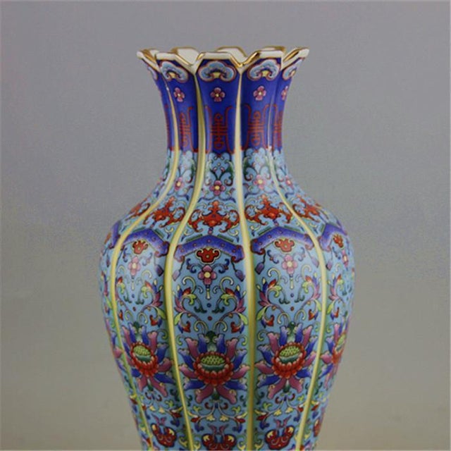 1950s Famille Rose Scalloped Porcelain Vase, Gilded Multi-Color Floral Lobed Vase For Sale - Image 5 of 5