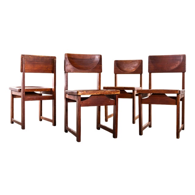 Mid-Century Pitch Pine Cube Dining Chairs, 1950s, Set of 4 For Sale