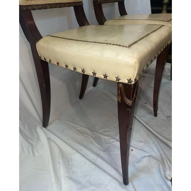 American 1930s Vintage Early American High-Back Mahogany Chairs With Star Nail Heads- a Pair For Sale - Image 3 of 9