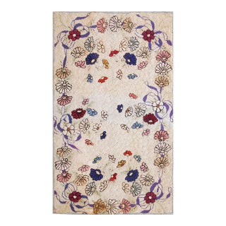1930s Multicolor Floral Folk Art Antique American Hooked Rug 2'5" X 4'1" Handknotted Wool Carpet For Sale