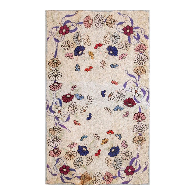 1930s Multicolor Floral Folk Art Antique American Hooked Rug 2'5" X 4'1" Handknotted Wool Carpet For Sale