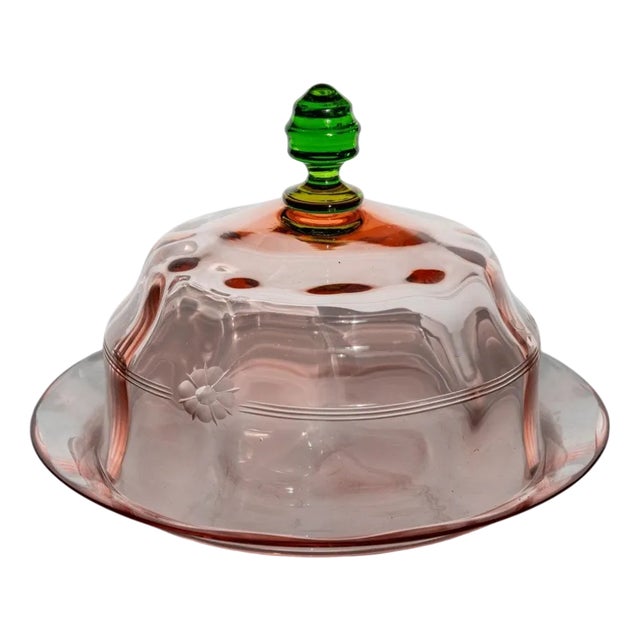 Vintage Glass Cloche Dish with Plate in Pink and Green Glass with Engraved Floral Decor, Italy, 1930s For Sale
