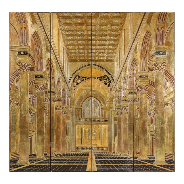 Renaissance-Inspired 4-Panel Gilded Screen with Raised Architectural Design For Sale