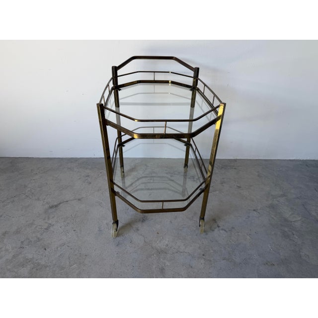 Italian Hollywood Regency Two-Tier Brass & Glass Bar Cart For Sale In Miami - Image 6 of 12