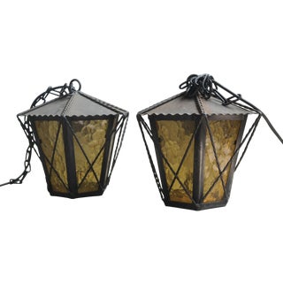 Vintage Wrought Iron Exterior Lanterns - A Pair For Sale