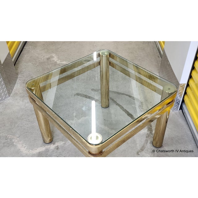 Vintage Brass Hollywood Regency Style Modern Contemporary Glass Top End Table 2 of 2 For Sale - Image 12 of 15