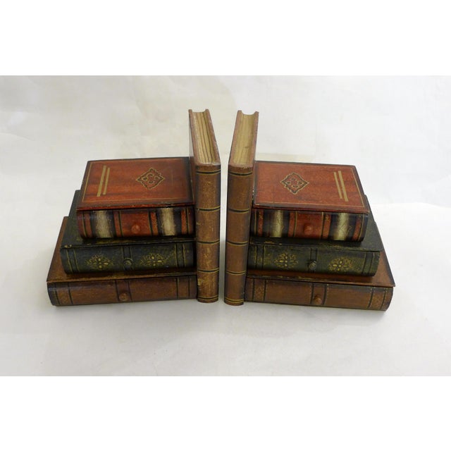 Wood Bookends with Secret Boxes in Trompe L'Oeil of Stacked Books, 1980s, Set of 2 For Sale - Image 12 of 12