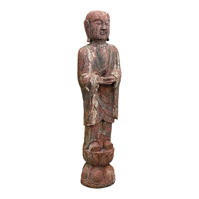 Vintage Life Size Wood Buddha Statue For Sale