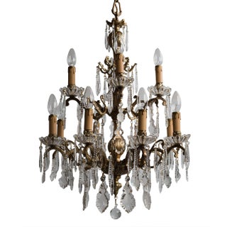 1930s 12 Light Brass Chandelier With Crystal Pendants For Sale