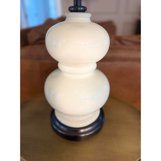 2020s Pottery Barn Double Gourd Cream Ceramic Table Lamp 26”x9” With 15”White Drum Shade For Sale - Image 5 of 8