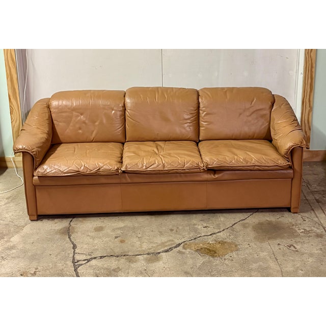 Postmodern Low Profile Sofa in Cognac Brown Leather in the Manner of Niels Eilersen, 1980's For Sale - Image 3 of 11