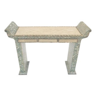 Fine Tessellated Stone Tile Mother of Pearl Rolled Edges 3 Drawers Console Table For Sale