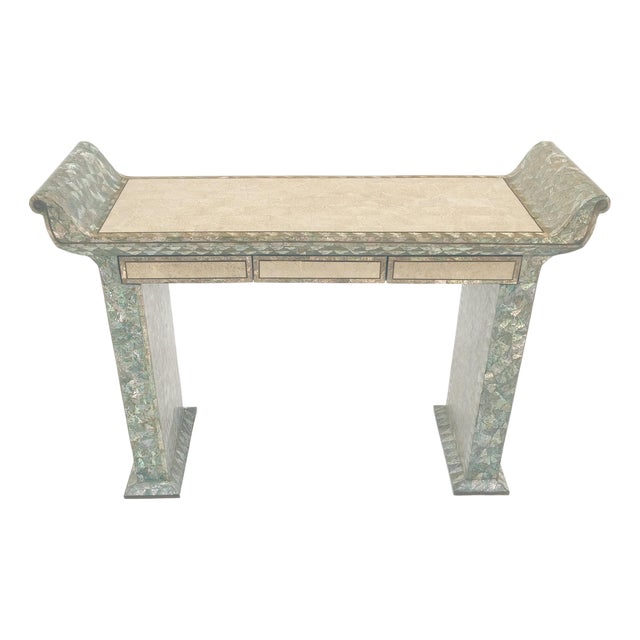 Fine Tessellated Stone Tile Mother of Pearl Rolled Edges 3 Drawers Console Table For Sale