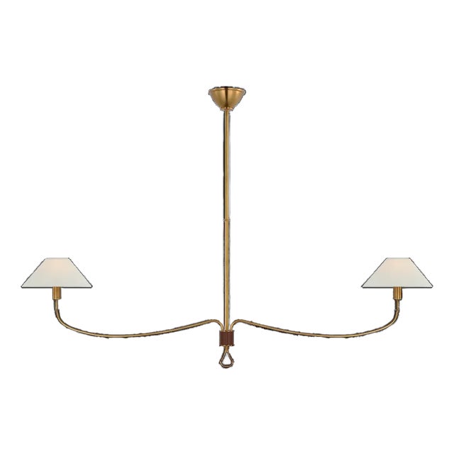 Amber Lewis for Visual Comfort Signature Griffin Grande Linear Chandelier in Hand-Rubbed Antique Brass and Saddle Leather with Linen Shades For Sale