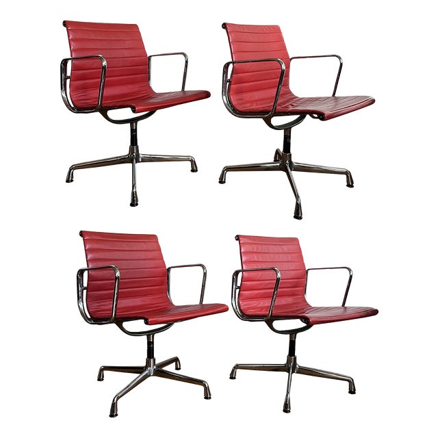 EA 108 Chairs in Chrome and Red Leather by Charles and Ray Eames for Vitra, 1950s, Set of 4 For Sale