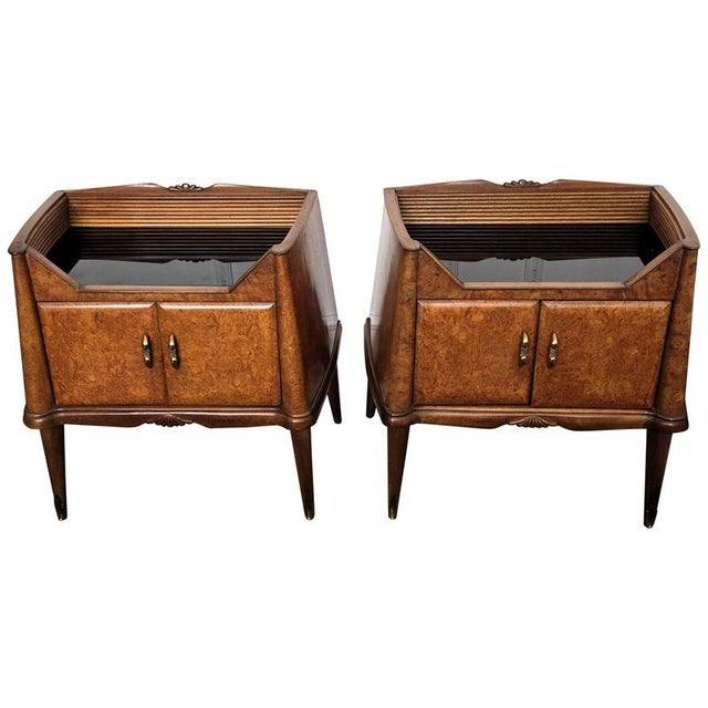 Mid-Century Art Deco Italian Nightstands in Walnut and Glass Top, 1950s, Set of 2 For Sale - Image 10 of 10