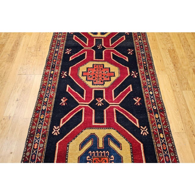Antique Northwest Persian Runner Rug, Hand-Knotted Wool, Geometric Medallions Pattern, 4x10, Navy & Red For Sale - Image 13 of 18