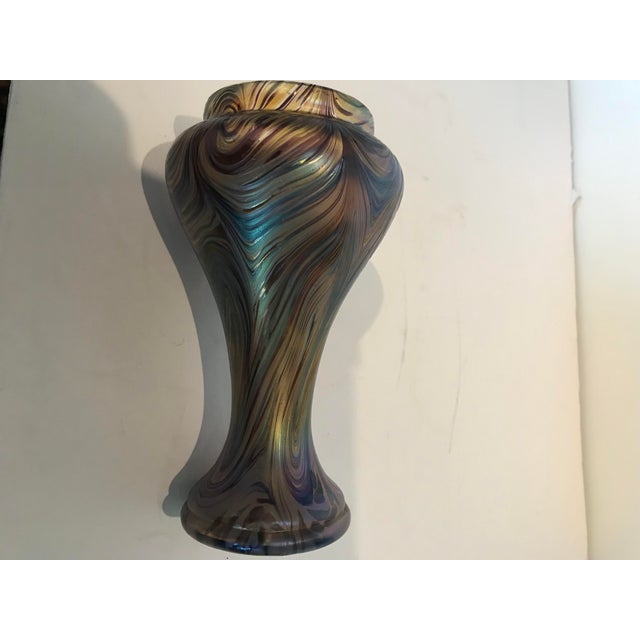 Trails of purple, blue and gold iridescence 8 inches tall art glass vase x 4.5 diameter at widest Bohemian Art Nouveau...