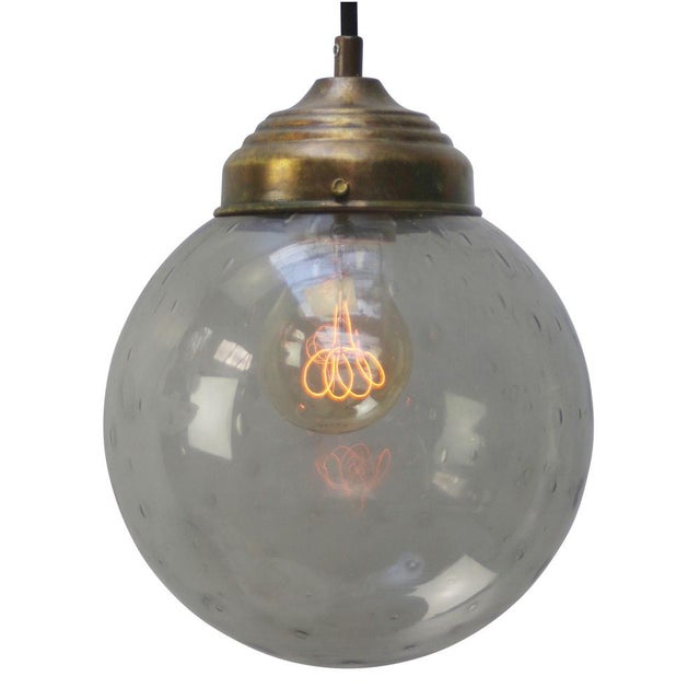 Vintage Dutch Smoked Bubble Glass & Brass Pendant Light For Sale - Image 4 of 6