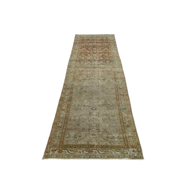 Antique Malayer Runner Rug With Distressed Terracotta and Sage Palette For Sale - Image 4 of 9