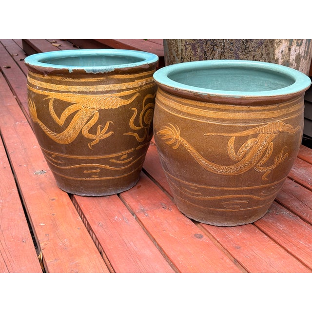 Large Chinese Glazed Terracotta Earthenware Planter Set Decorated With Dragons Egg Pots For Sale - Image 4 of 18