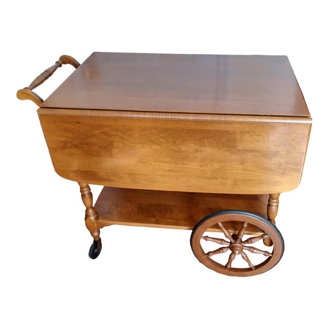 1970's Ethen Allen Early American Solid Maple Drop-Leaf Tea Cart For Sale