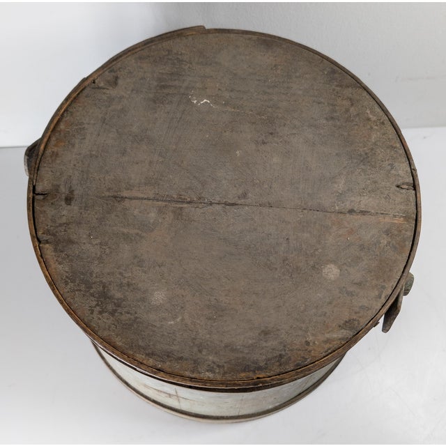 Greige 19th Century Rustic Primitive Farmhouse Grey Green Painted Firkin Bucket For Sale - Image 8 of 15