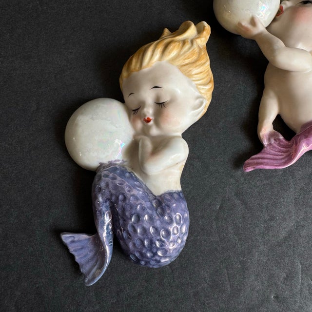 Vintage Norcrest Mermaid Bubble Wall Plaque Pink Purple Baby Rare 1950s Retro For Sale - Image 4 of 12