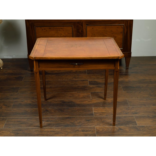 19th Century French 19th Century Walnut Side Table with Gilt Embossed Leather Top and Drawer For Sale - Image 5 of 12