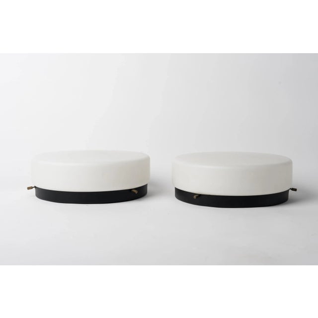 French Round Black Lacquered Metal, Brass and Milk Glass Sconces, France 1960s For Sale - Image 3 of 5