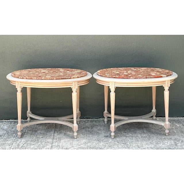 Late 20th Century Vintage Stone Top Carved Oval Side Tables - A Pair For Sale - Image 5 of 12