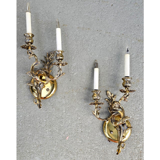 Metal Pair of Mid 20th Century Swedish Victorian Rococo Style Brass Two Light Wall Sconces For Sale - Image 7 of 10