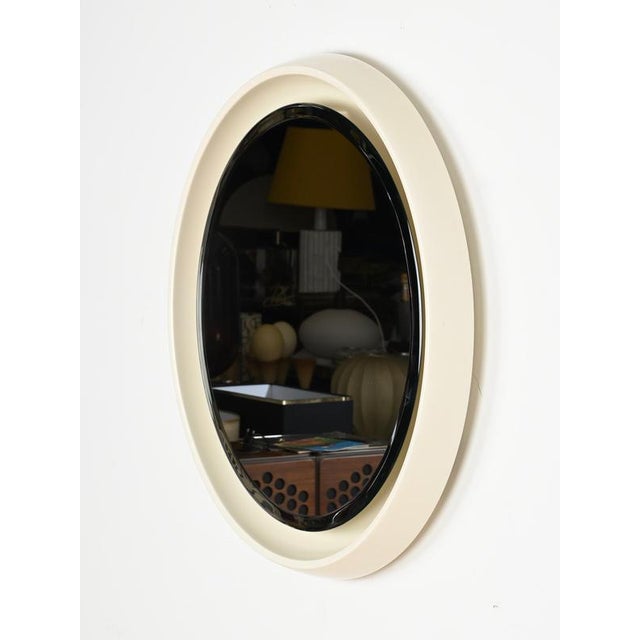 Large Italian Round Backlit Beveled White Mirror in Wood, Italy, 1970s For Sale - Image 6 of 17