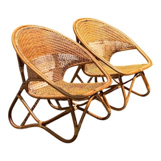 Vintage Woven Rattan Lounge Chairs - Pair For Sale