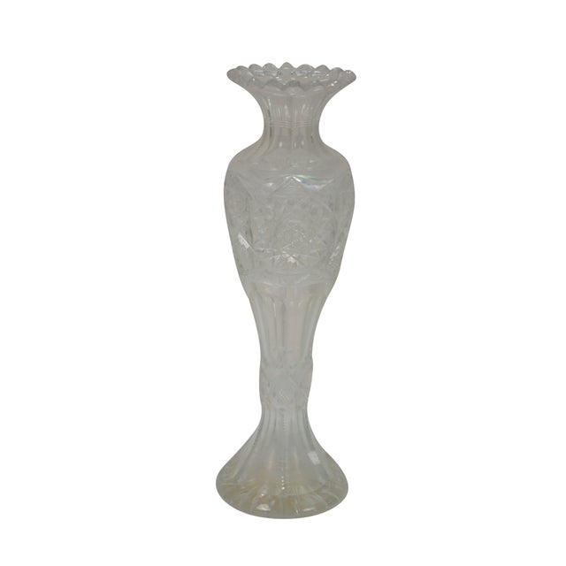 Early to mid 20th century American brilliant style cut glass / crystal flower vase. Elegantly shaped with sawtooth rim,...